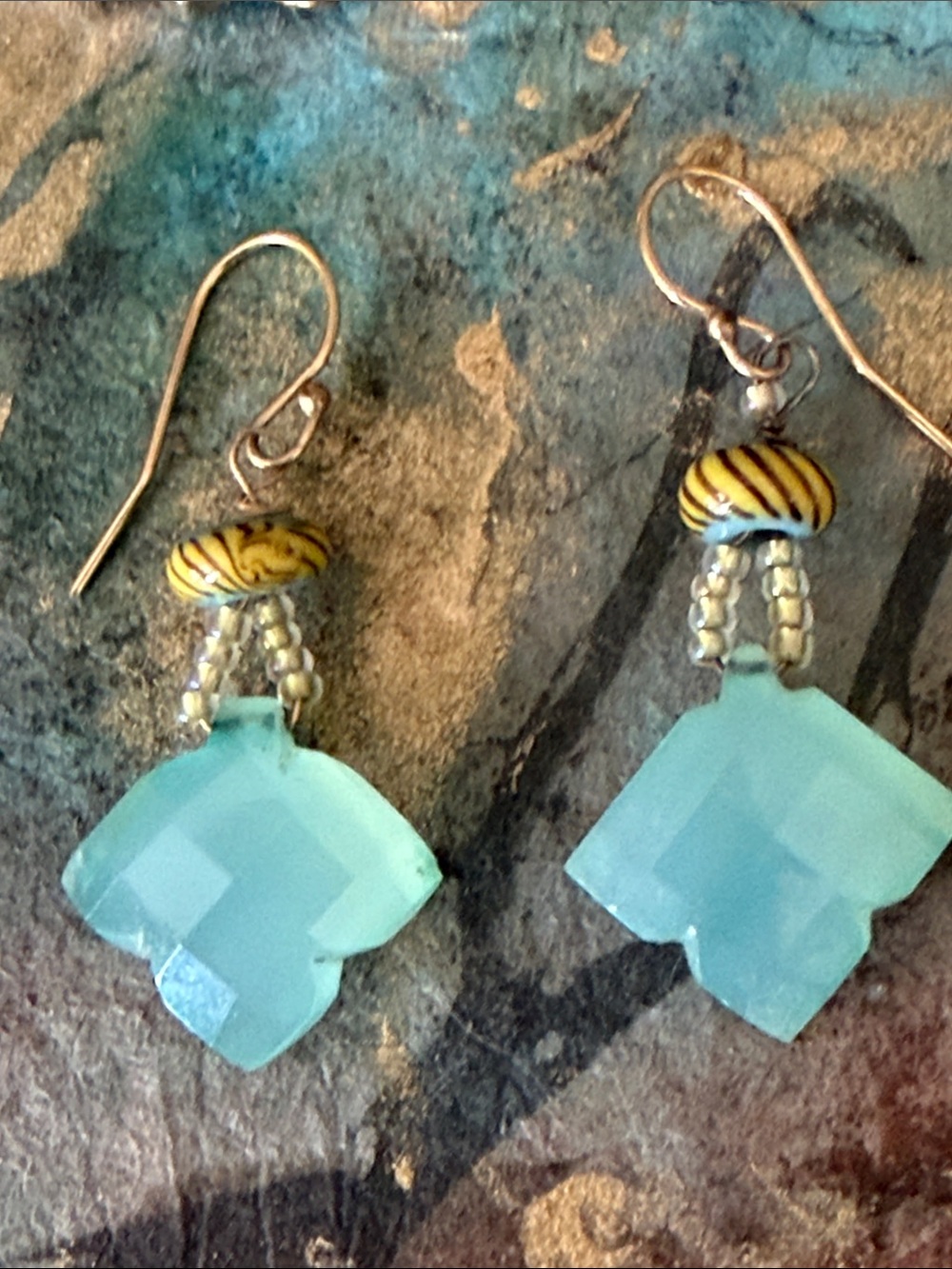 Chalcedony carved  seafoam blue green with Venetian glass beads pierced earrings - Picture 7 of 8